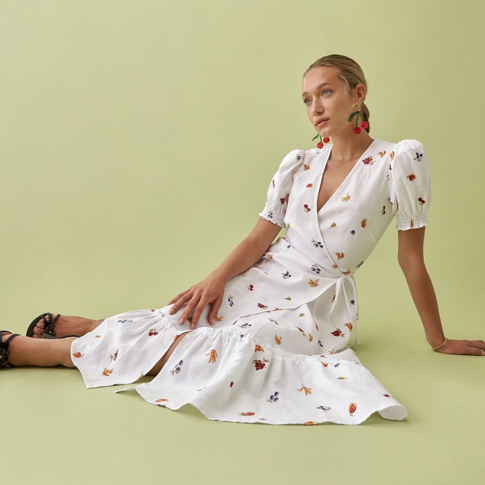 Reformation Linen Veronika Dress || XS || Fruit Loops Print, Wrap Dress